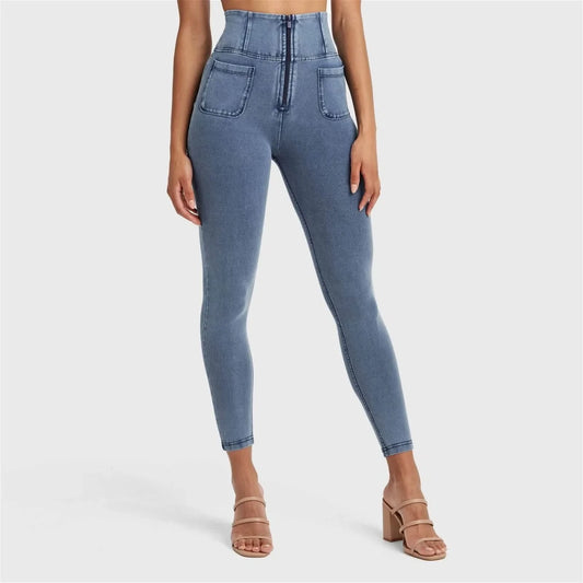 WRUP Denim With Front Pockets - Super High Waisted - Ankle Length - Light Blue + Blue Stitching