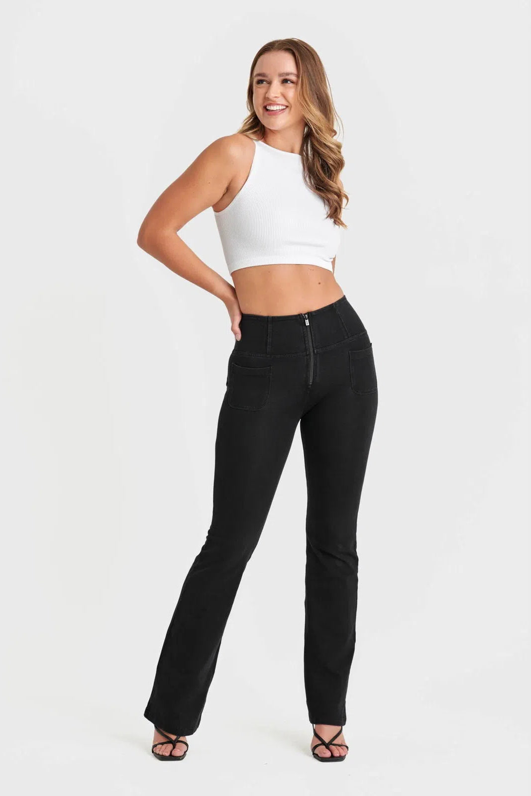 WR.UP® Denim with Front Pockets - Super High Waisted - Flare - Black + Black Stitching 2