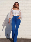 WRUP Denim With Front Pockets - Super High Waisted - Flare - Cobalt Blue + Blue Stitching