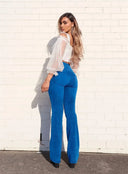 WRUP Denim With Front Pockets - Super High Waisted - Flare - Cobalt Blue + Blue Stitching
