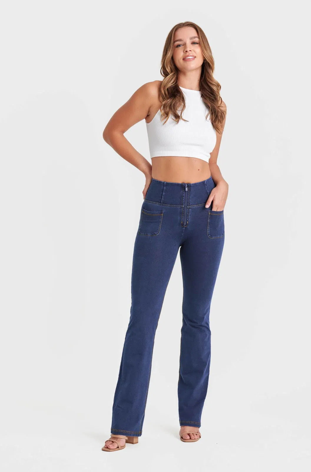 WR.UP® Denim with Front Pockets - Super High Waisted - Flare - Dark Blue + Yellow Stitching