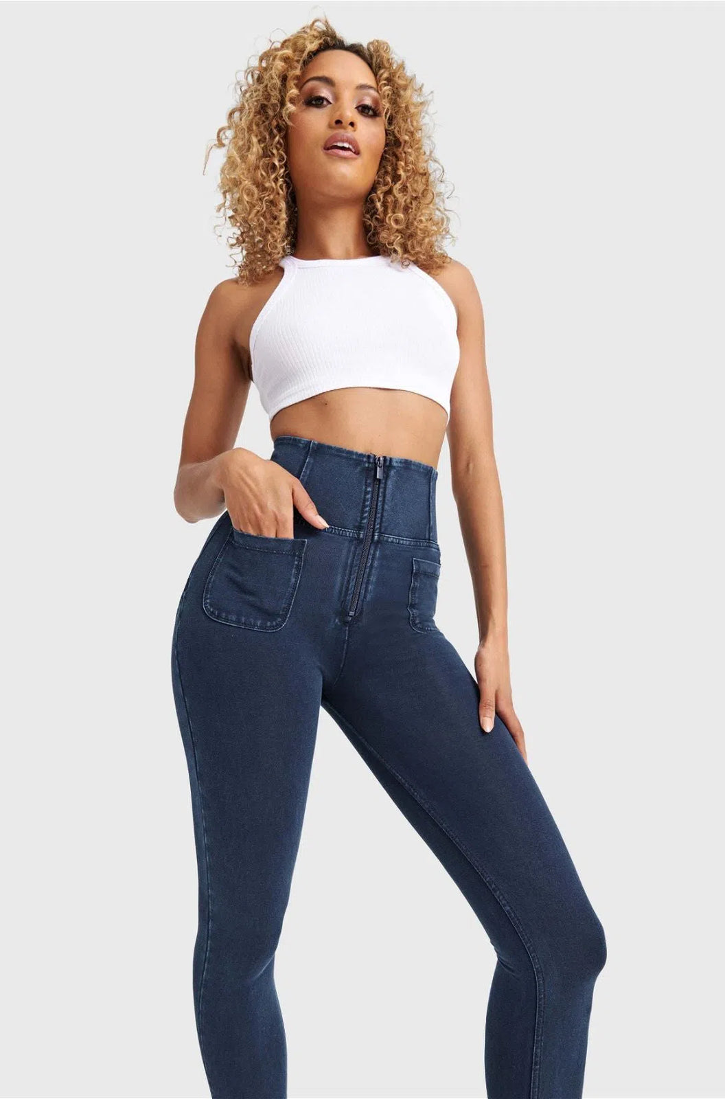 WR.UP® Denim With Front Pockets - Super High Waisted - Petite Length - Dark Blue + Blue Stitching