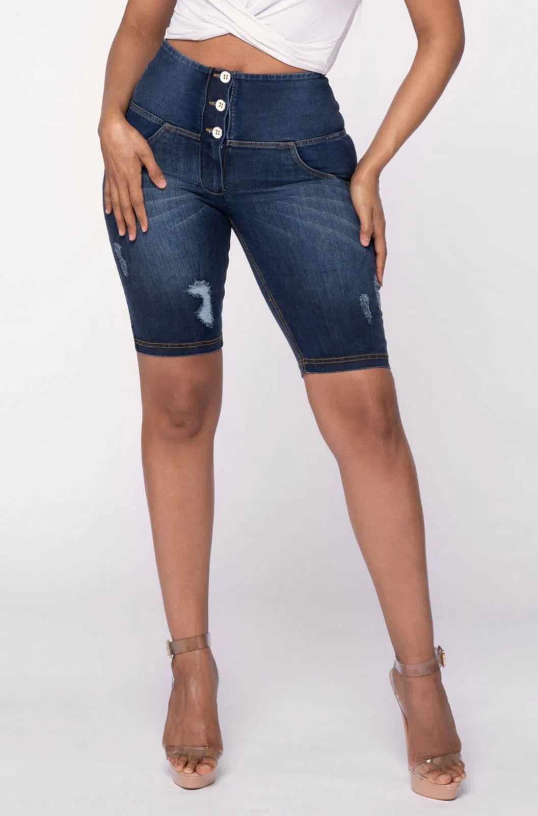 WR.UP® Distressed Denim - High Waisted - Biker Shorts - Dark Blue + Yellow Stitching