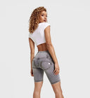 WRUP Distressed Denim - High Waisted - Biker Shorts - Grey + Yellow Stitching