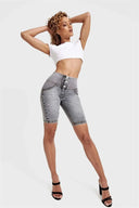 WRUP Distressed Denim - High Waisted - Biker Shorts - Grey + Yellow Stitching