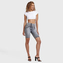 WRUP Distressed Denim - High Waisted - Biker Shorts - Grey + Yellow Stitching