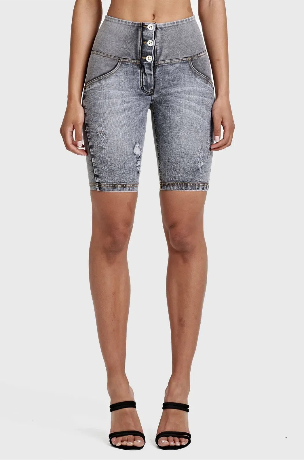 WRUP Distressed Denim - High Waisted - Biker Shorts - Grey + Yellow Stitching