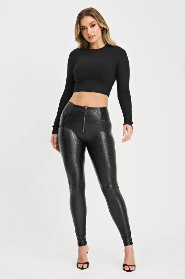 Black High Waisted Full Length WRUP Panther Faux Leather
