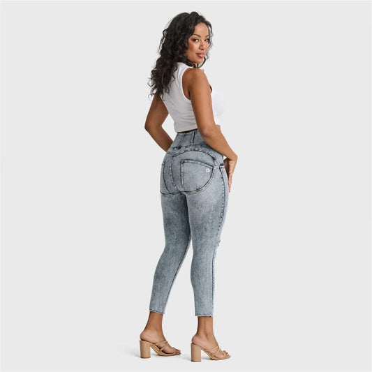 WRUP SNUG Curvy Ripped Jeans - High Waisted - Ankle Length - Blue Stonewash + Yellow Stitching