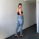 WRUP SNUG Curvy Ripped Jeans - High Waisted - Full Length - Blue Stonewash + Yellow Stitching