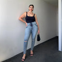 WRUP SNUG Curvy Ripped Jeans - High Waisted - Full Length - Blue Stonewash + Yellow Stitching