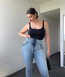WRUP SNUG Curvy Ripped Jeans - High Waisted - Full Length - Blue Stonewash + Yellow Stitching