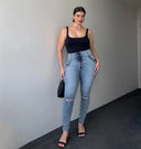 WRUP SNUG Curvy Ripped Jeans - High Waisted - Full Length - Blue Stonewash + Yellow Stitching