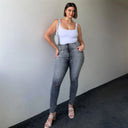WRUP SNUG Curvy Ripped Jeans - High Waisted - Full Length - Grey Stonewash + Grey Stitching