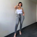 WRUP SNUG Curvy Ripped Jeans - High Waisted - Full Length - Grey Stonewash + Grey Stitching