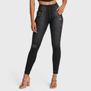 WRUP SNUG Distressed Jeans - High Waisted - Petite Length - Black + Black Stitching