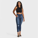 WRUP SNUG Distressed Jeans - High Waisted - Petite Length - Dark Blue + Blue Stitching