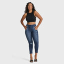 WRUP SNUG Distressed Jeans - High Waisted - Petite Length - Dark Blue + Blue Stitching