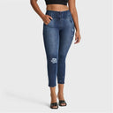 WRUP SNUG Distressed Jeans - High Waisted - Petite Length - Dark Blue + Blue Stitching