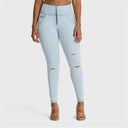 WRUP SNUG Distressed Jeans - High Waisted - Full Length - Baby Blue + Yellow Stitching