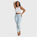 WRUP SNUG Distressed Jeans - High Waisted - Full Length - Baby Blue + Yellow Stitching