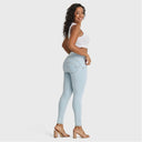 WRUP SNUG Distressed Jeans - High Waisted - Full Length - Baby Blue + Yellow Stitching
