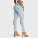 WRUP SNUG Distressed Jeans - High Waisted - Full Length - Baby Blue + Yellow Stitching