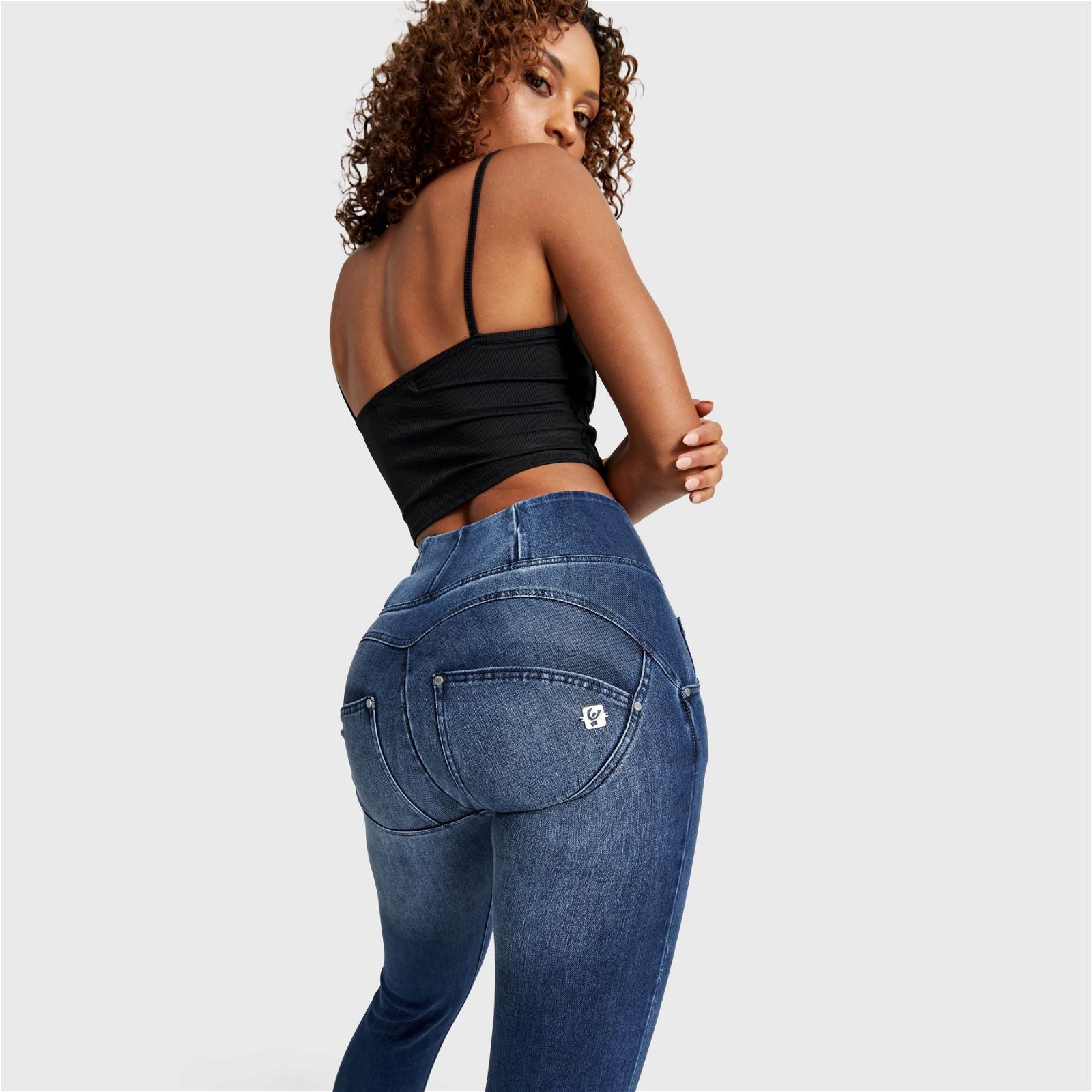 WR.UP® SNUG Distressed Jeans - High Waisted - Full Length - Dark Blue + Blue Stitching 2