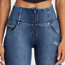 WRUP SNUG Distressed Jeans - High Waisted - Full Length - Dark Blue + Blue Stitching