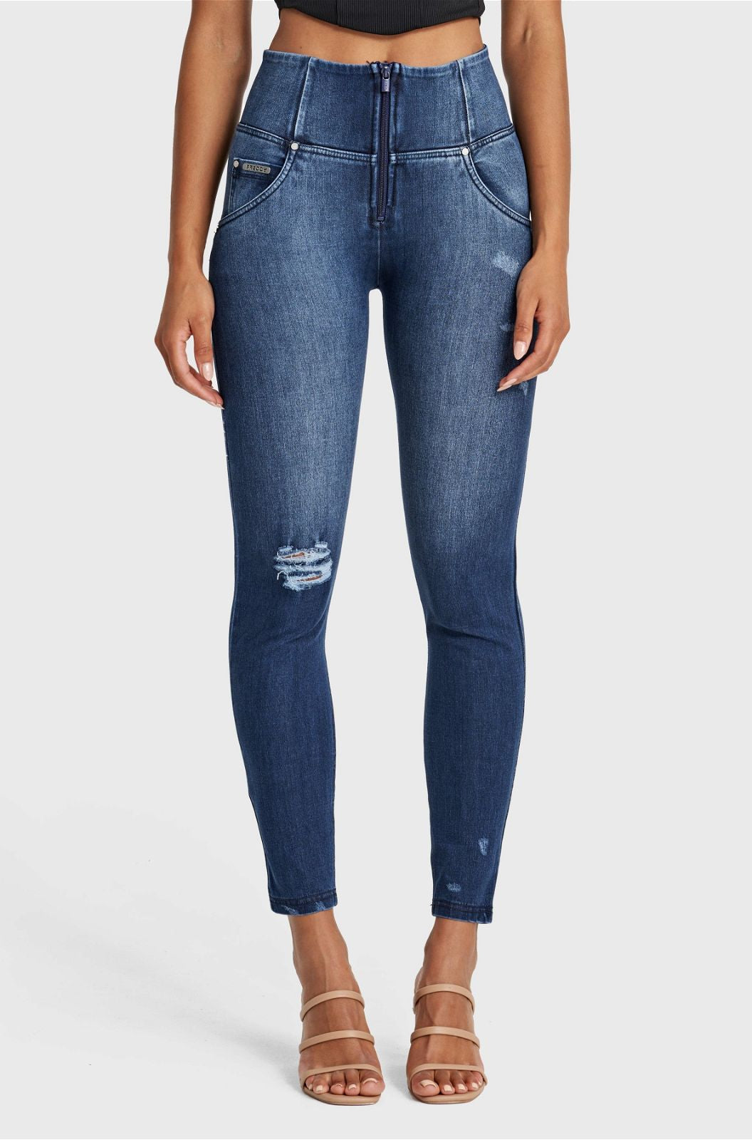 WR.UP® SNUG Distressed Jeans - High Waisted - Full Length - Dark Blue + Blue Stitching