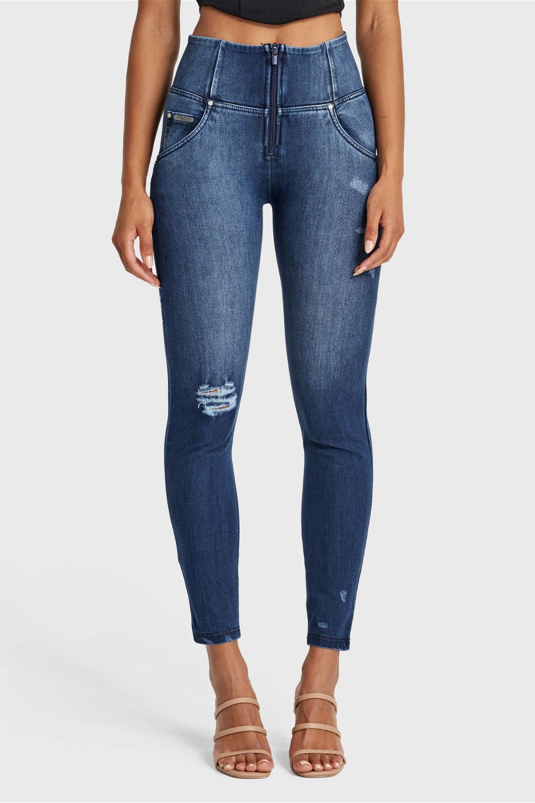 WR.UP® SNUG Distressed Jeans - High Waisted - Full Length - Dark Blue + Blue Stitching 1