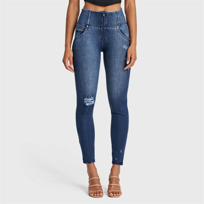 WR.UP® SNUG Distressed Jeans - High Waisted - Full Length - Dark Blue + Blue Stitching