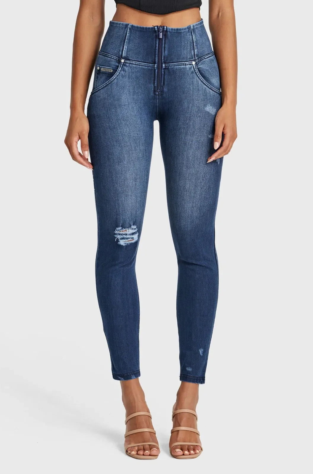 WR.UP® SNUG Distressed Jeans - High Waisted - Full Length - Dark Blue + Blue Stitching