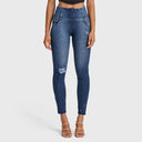 WRUP SNUG Distressed Jeans - High Waisted - Full Length - Dark Blue + Blue Stitching