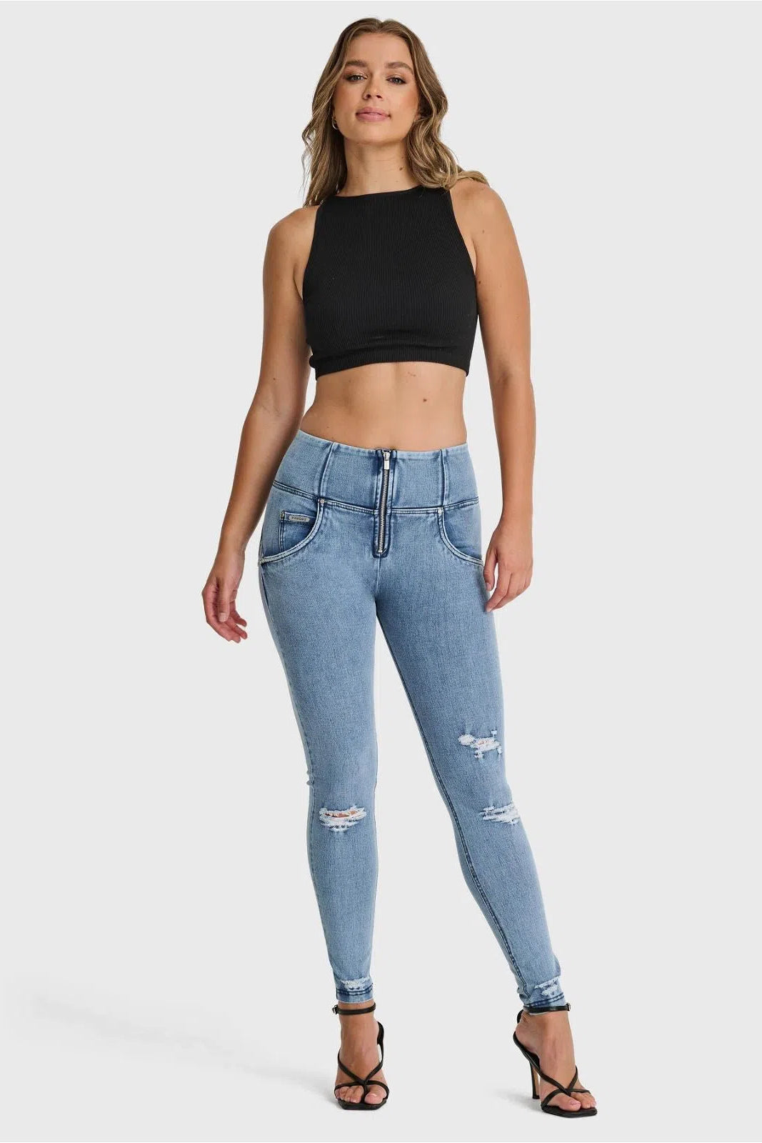 WR.UP® SNUG Distressed Jeans - High Waisted - Full Length - Light Blue + Blue Stitching 3