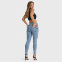 WRUP SNUG Distressed Jeans - High Waisted - Full Length - Light Blue + Blue Stitching