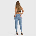 WRUP SNUG Distressed Jeans - High Waisted - Full Length - Light Blue + Blue Stitching