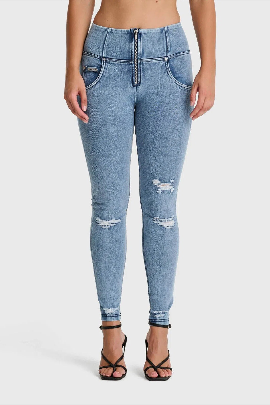 WR.UP® SNUG Distressed Jeans - High Waisted - Full Length - Light Blue + Blue Stitching 1