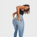 WRUP SNUG Distressed Jeans - High Waisted - Full Length - Light Blue + Yellow Stitching