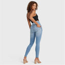 WRUP SNUG Distressed Jeans - High Waisted - Full Length - Light Blue + Yellow Stitching