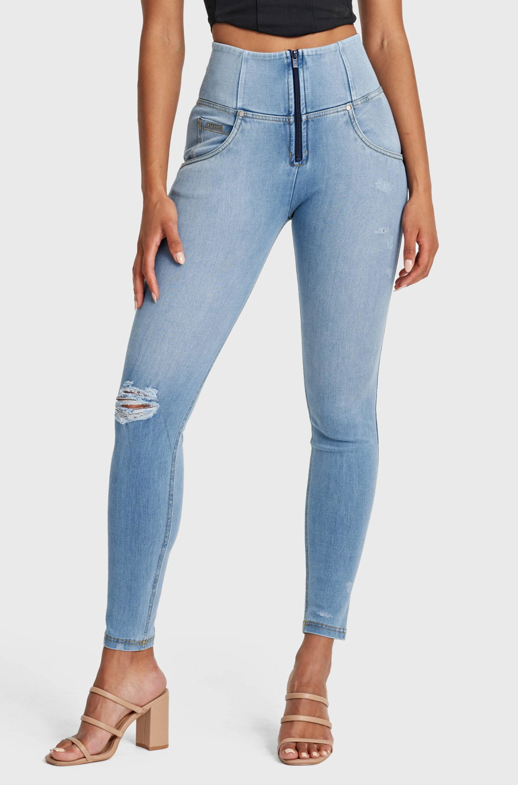 WR.UP® SNUG Distressed Jeans - High Waisted - Full Length - Light Blue + Yellow Stitching