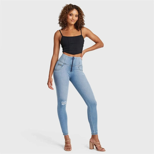 WRUP SNUG Distressed Jeans - High Waisted - Full Length - Light Blue + Yellow Stitching