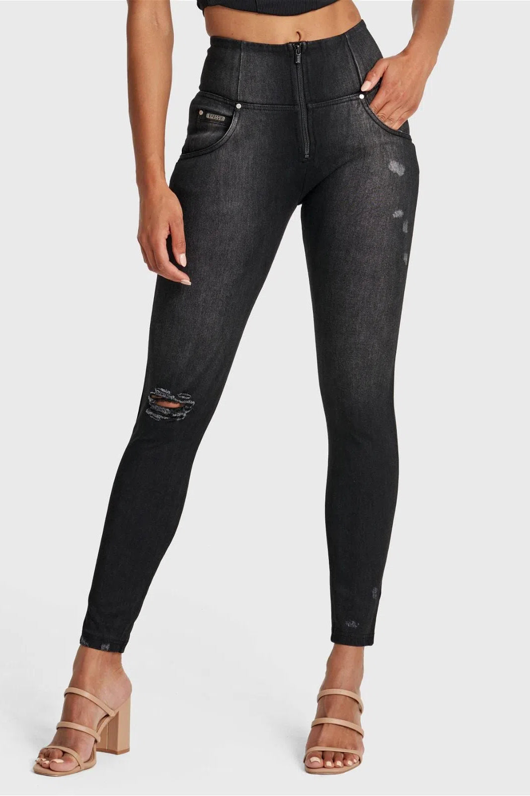 WR.UP® SNUG Distressed Jeans - High Waisted - Petite Length - Black + Black Stitching 2