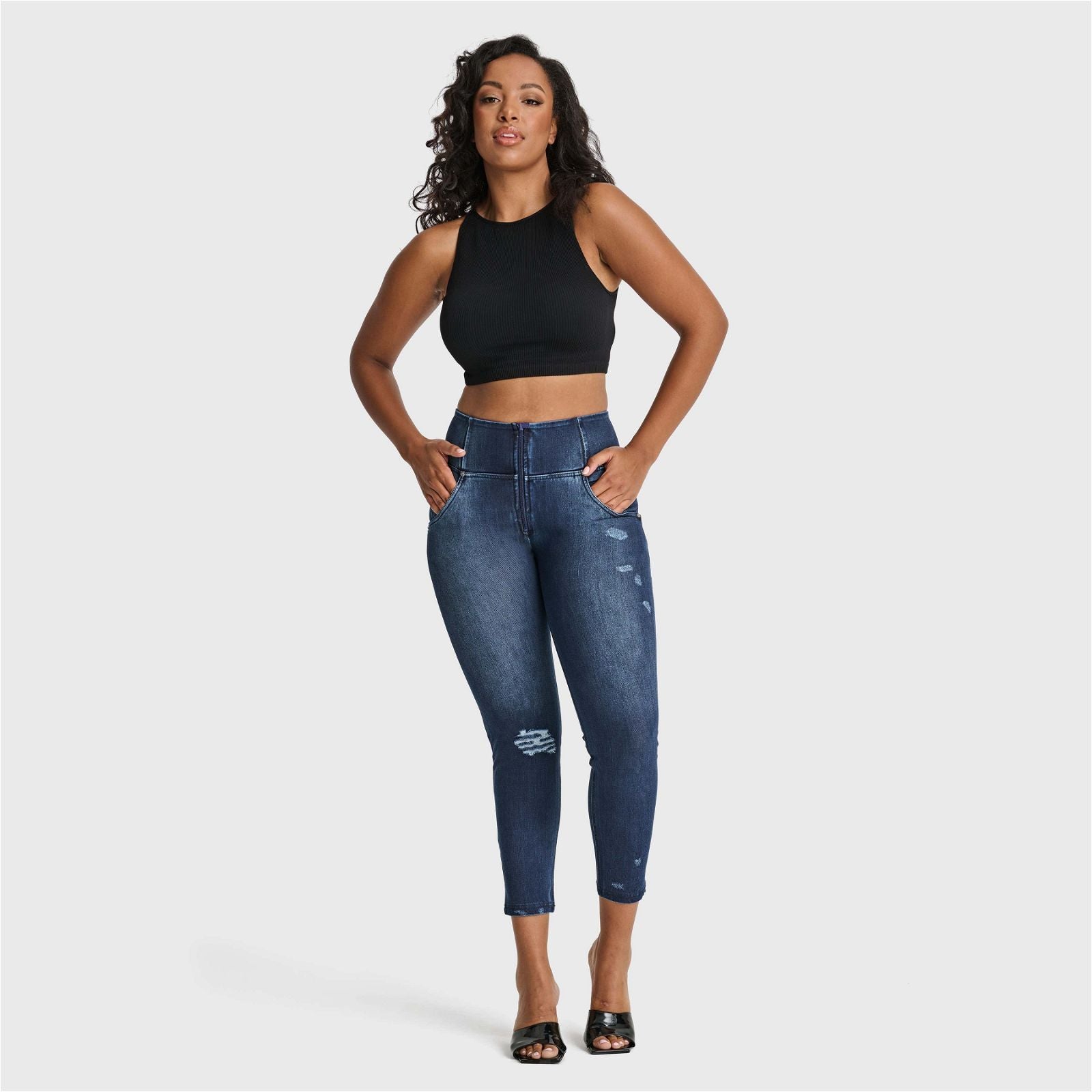 WR.UP® SNUG Distressed Jeans - High Waisted - Petite Length - Dark Blue + Blue Stitching 3