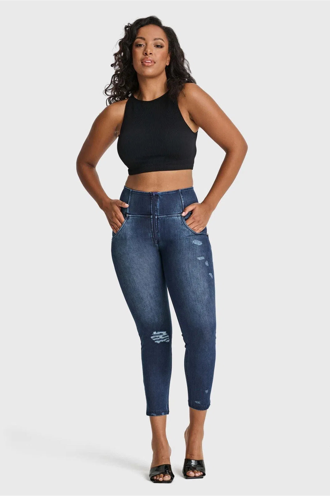 WR.UP® SNUG Distressed Jeans - High Waisted - Petite Length - Dark Blue + Blue Stitching 3