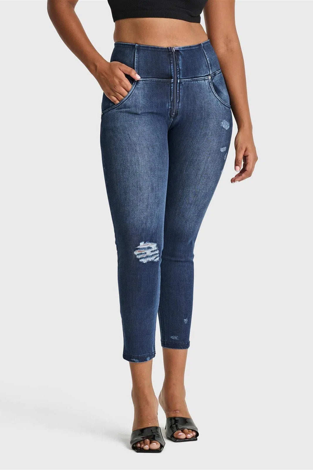 WR.UP® SNUG Distressed Jeans - High Waisted - Petite Length - Dark Blue + Blue Stitching 1