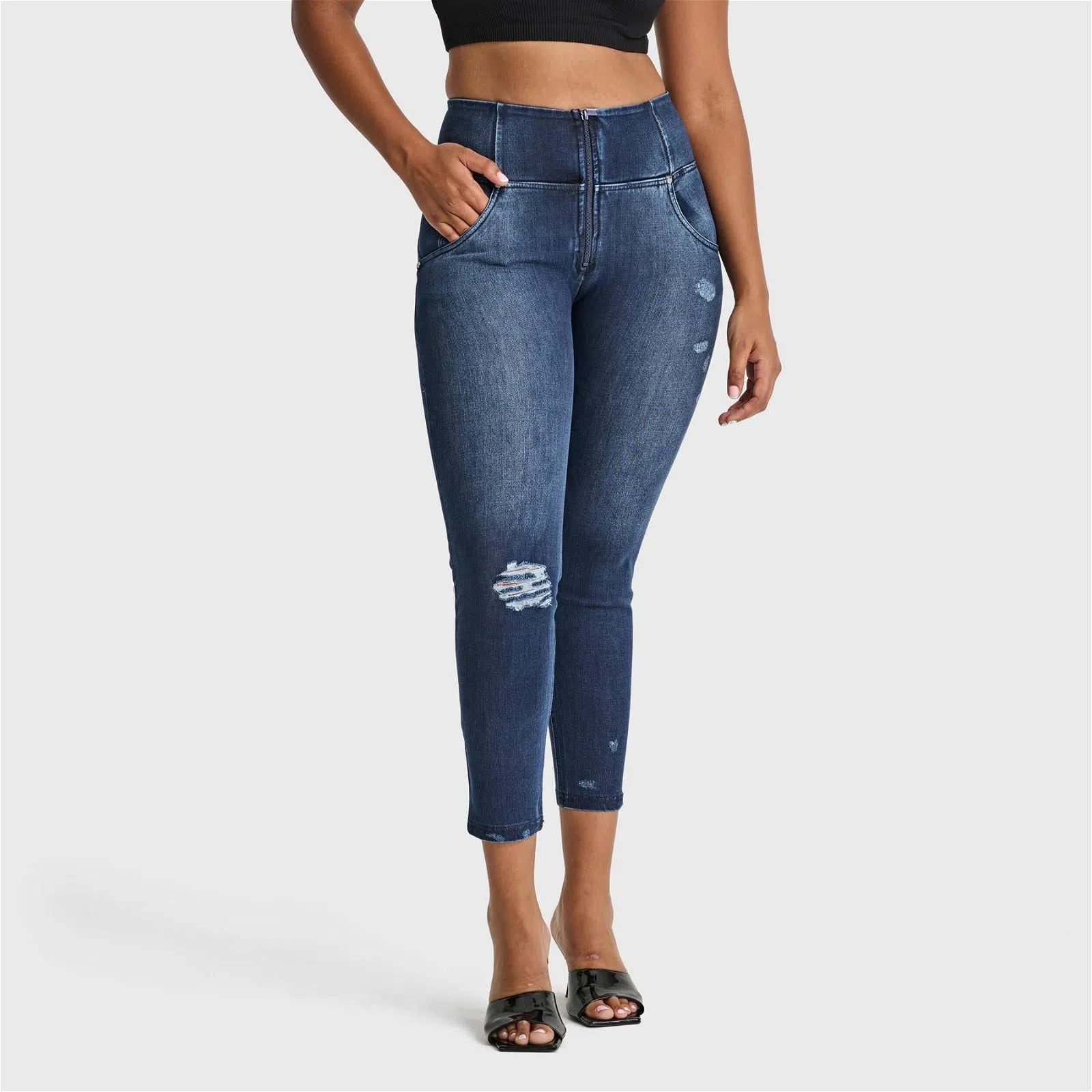 WR.UP® SNUG Distressed Jeans - High Waisted - Petite Length - Dark Blue + Blue Stitching 1