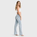 WRUP SNUG Jeans - 2 Button High Waisted - Bootcut - Light Blue + Yellow Stitching