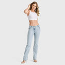 WRUP SNUG Jeans - 2 Button High Waisted - Bootcut - Light Blue + Yellow Stitching