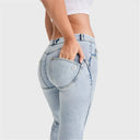 WRUP SNUG Jeans - 2 Button High Waisted - Bootcut - Light Blue + Yellow Stitching